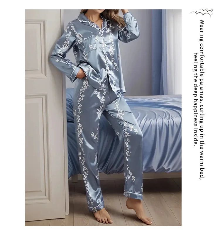 2026 Women Satin Pajama Casual Sleepwear Home Suit Spring Long Sleeve Button Up Top & Pants Nightwear Loungewear Pyjama Femme