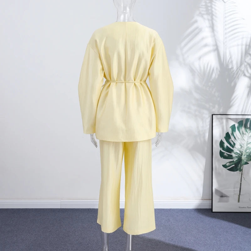 Elegant Stain Loose Jacket Pants Suit Women Solid Lace Up Full Sleeve V-neck Jackets Wide Leg Trousers Fashion Street Sets Lady