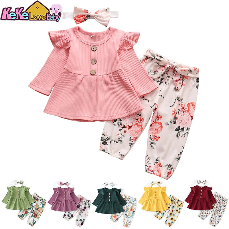 Newborn Baby Girl 3-Piece Knit Top, Floral Pants & Headband Set