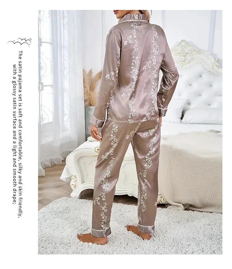 2026 Women Satin Pajama Casual Sleepwear Home Suit Spring Long Sleeve Button Up Top & Pants Nightwear Loungewear Pyjama Femme