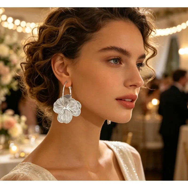Vintage Layered Flower Dangle Hoop Earrings – Two-Tone Bohemian Floral Drop Earrings for Women