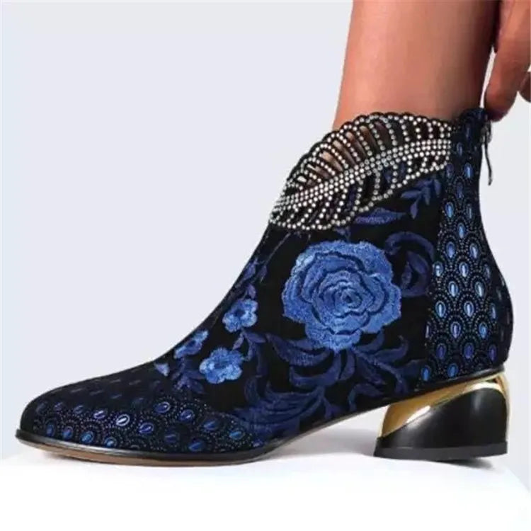 Women's Handmade Embroidered Square Heel Ankle Boots