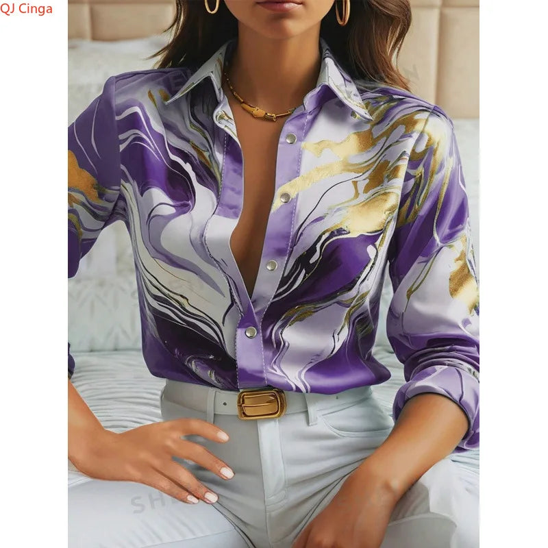 2026 Women's Purple Long-Sleeve Shirt for Fall, Single-Button Collar Print Shirts, Fashionable Fitted Top for Girls.