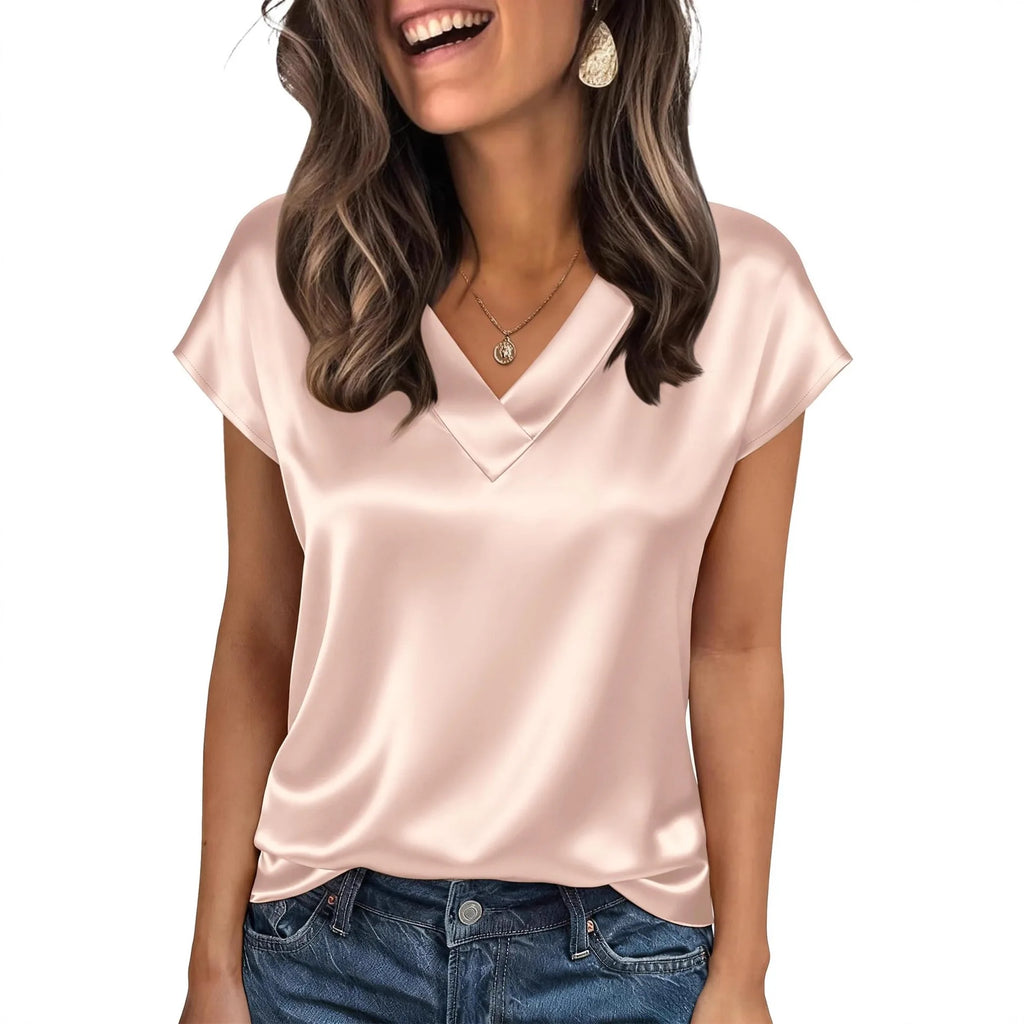 Women's Satin V-Neck Short Sleeve Blouse
