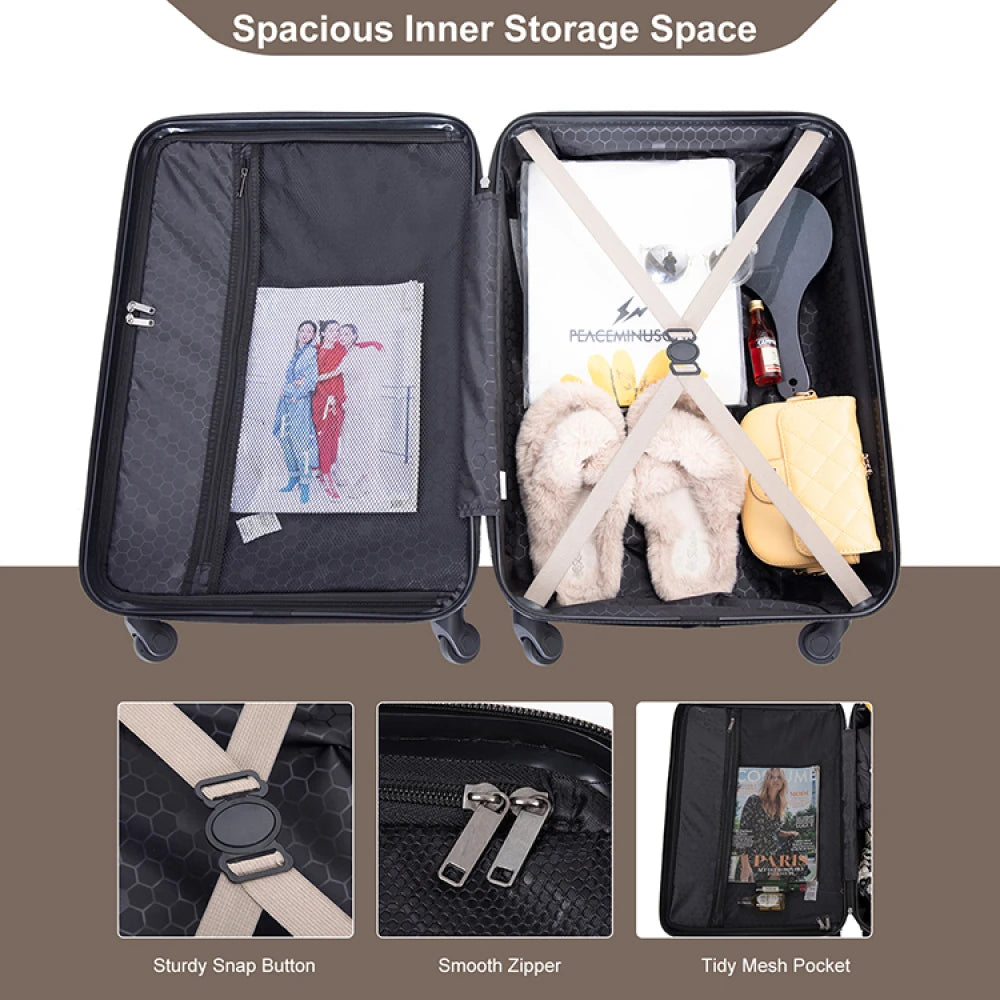 3 Piece Luggage Sets ABS Lightweight Suitcase with Two Hooks Spinner Wheels TSA Lock GOLD
