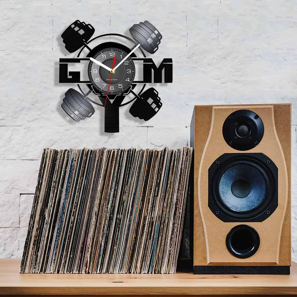 Fitness Equipment Theme Vinyl Record Fitness Wall Clock Home Decoration LED Backlight Modern Fitness Watch