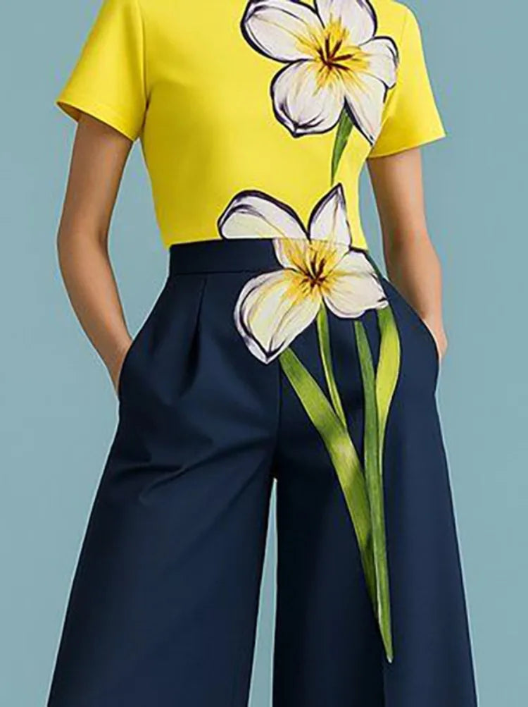 Women's Floral Print Short Sleeve Slim-Fit T-Shirt