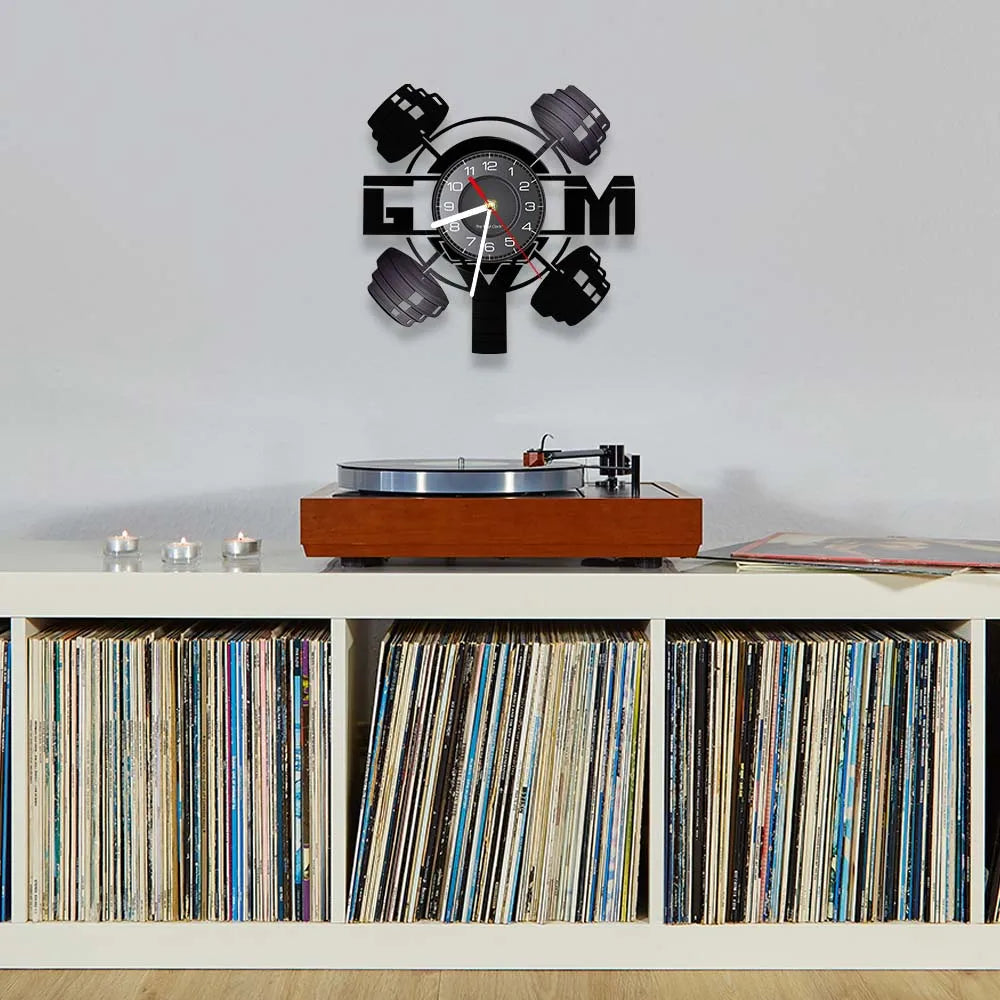 Fitness Equipment Theme Vinyl Record Fitness Wall Clock Home Decoration LED Backlight Modern Fitness Watch