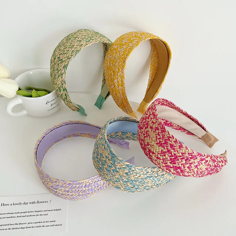 Woven Straw Braid Wide Headband Women Widened Anti Slip Linen Headwrap Travel Colored Striped Lafite Grass Hnitted Hair Hoops