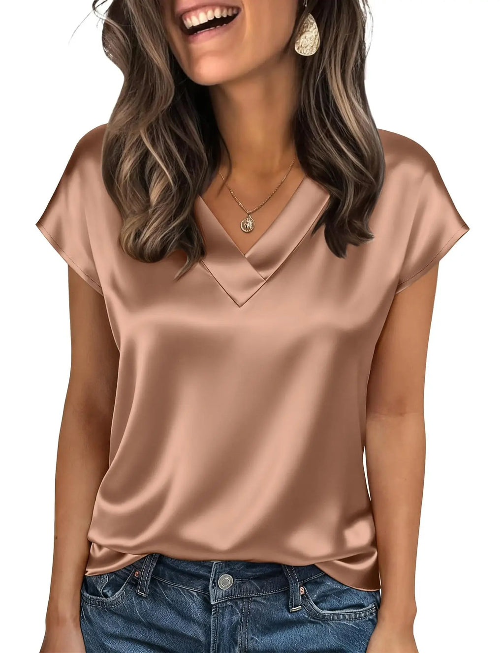 Women's Satin V-Neck Short Sleeve Blouse