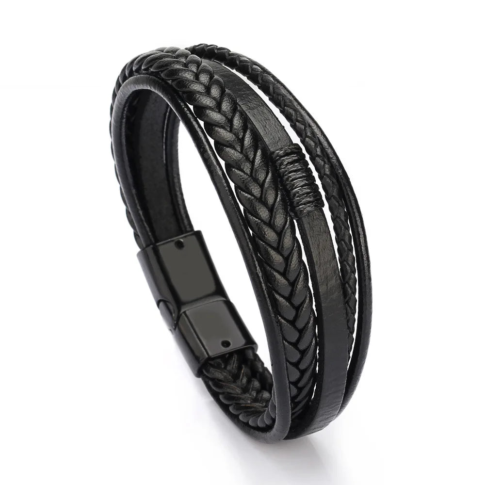Men's Multilayer Leather & Braided Rope Bracelet – Vintage Aluminium Alloy Bangle | 21cm