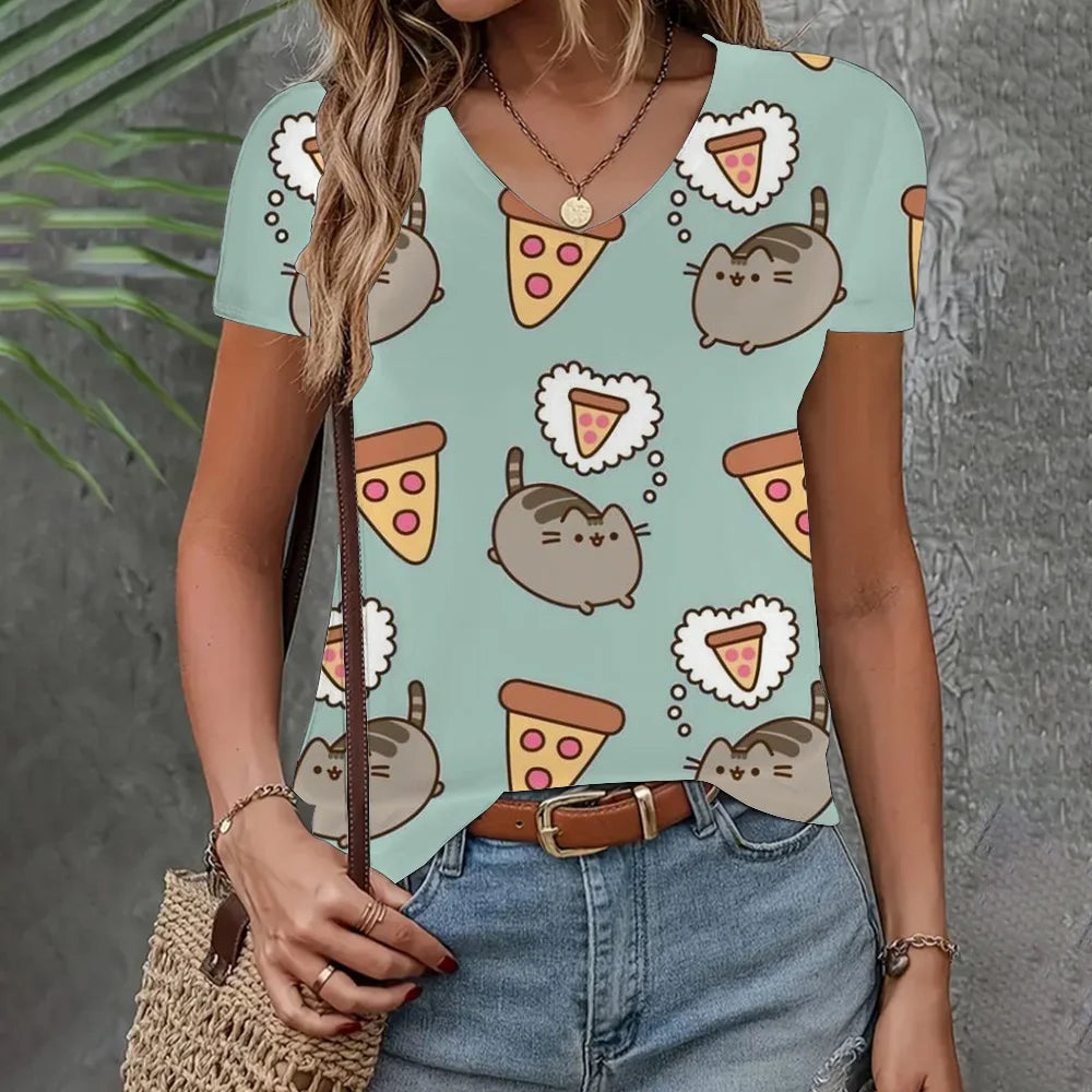 Women's Loose Short Sleeve 3D Cat Print T-Shirt – V-Neck Casual Summer Top