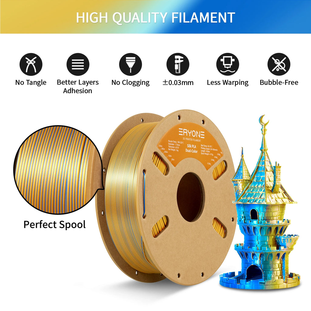 ERYONE 1KG Silk Dual Color PLA Series 3D Printer Filament 1.75mm, Dual-Color Coextrusion Silky Shiny Finish, 1kg Spool