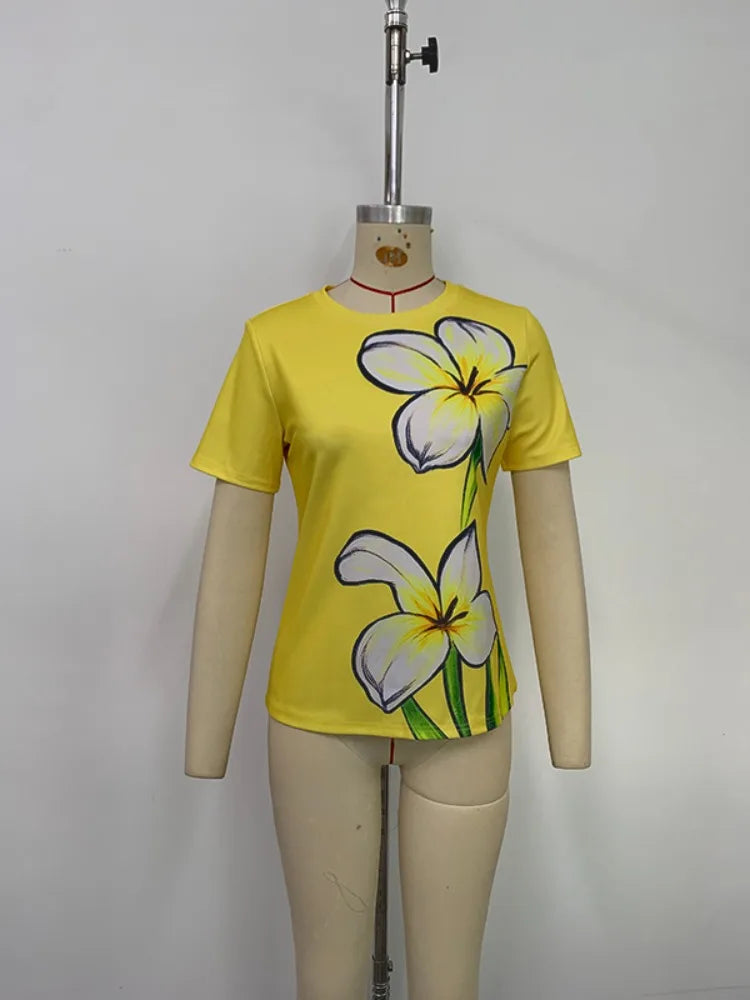 Women's Floral Print Short Sleeve Slim-Fit T-Shirt