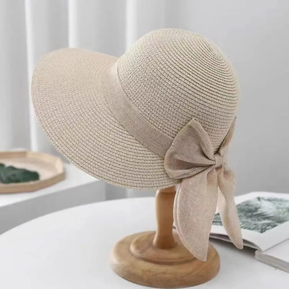 Women's Bowknot Straw Panama Sun Hat – Casual Beach Bucket Cap | Khaki & Beige