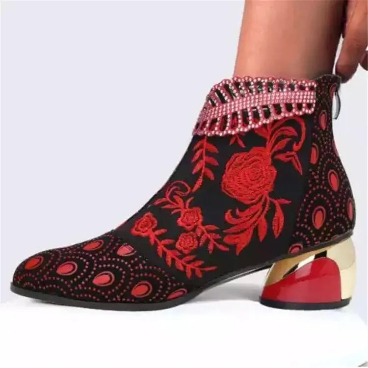 Women's Handmade Embroidered Square Heel Ankle Boots