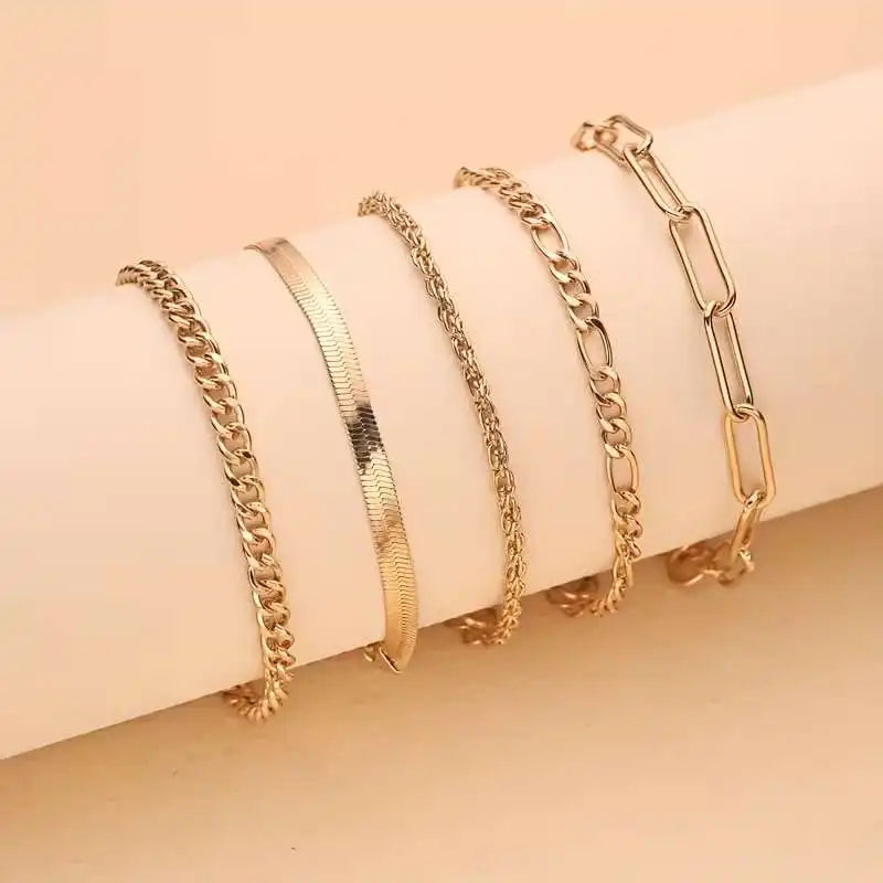Gold Bracelet Set – 5-piece set, featuring a Cuban chain, bow-tie chain, and simple bracelets. Perfect for everyday wear and gifts, punk-style jewelry collection. Ideal for autumn and winter accessories. Perfect for parties