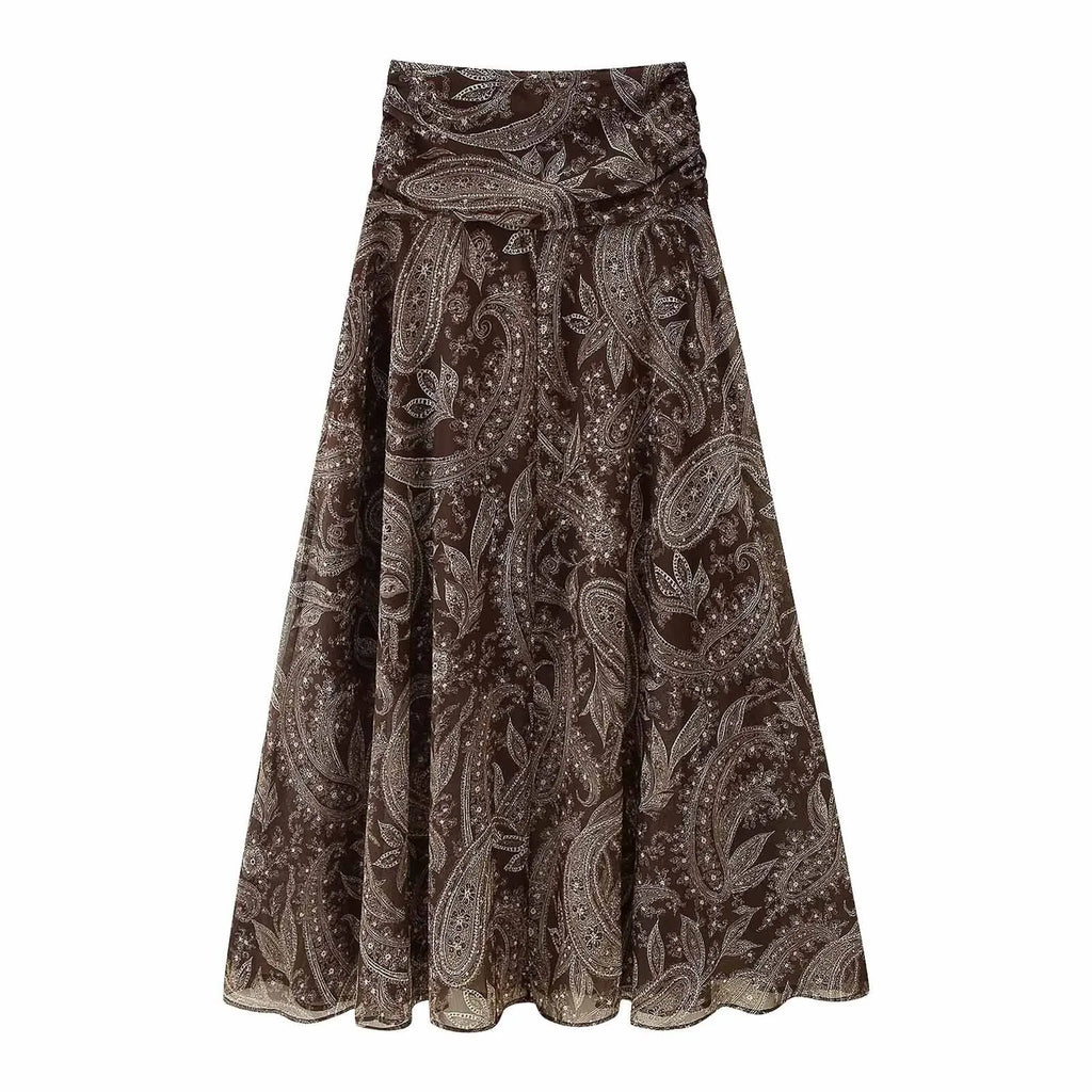 HH 2026 Woman New Early Spring Fashion Chiffon Printing Pleated Decoration Large Hem Midi Skirt Female Casual Chic Party Skirt