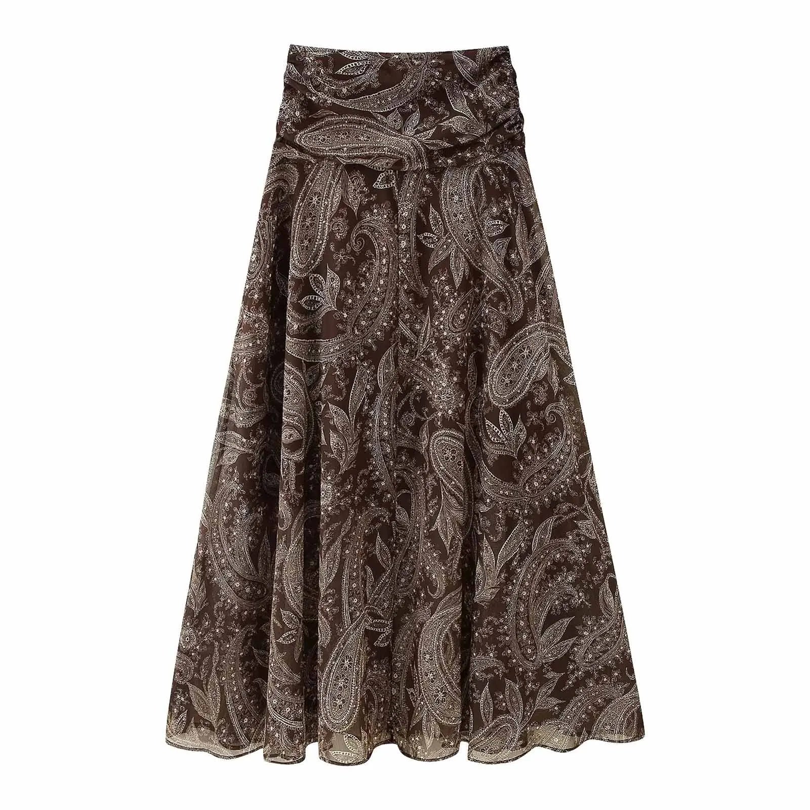 HH 2026 Woman New Early Spring Fashion Chiffon Printing Pleated Decoration Large Hem Midi Skirt Female Casual Chic Party Skirt