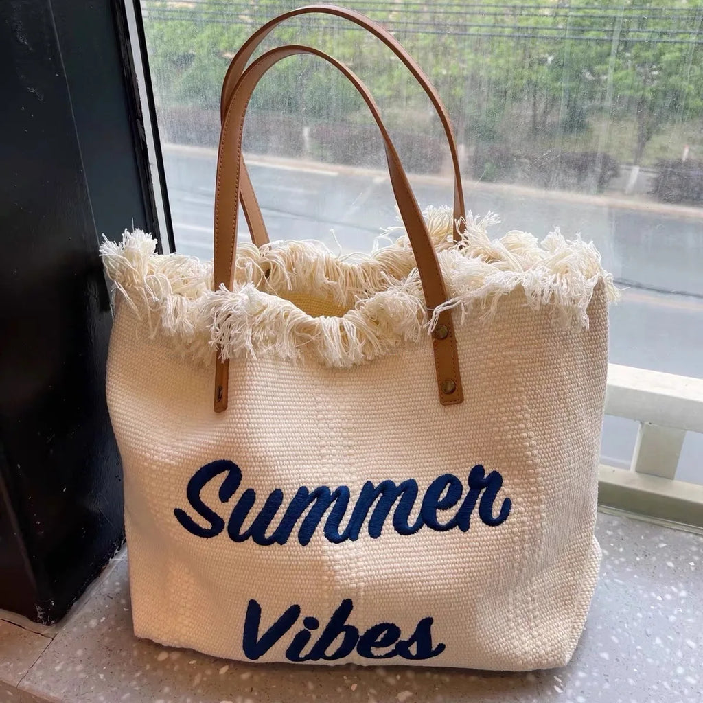 Women's Canvas Embroidered Letter Tote Bag