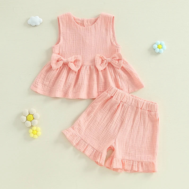 Toddler Girl Summer Tank Top & Ruffled Shorts Set – Bow Crew Neck 2-Piece Outfit