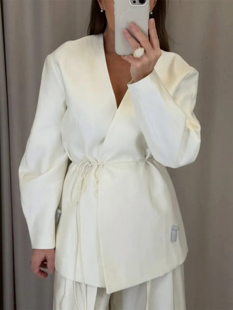 Elegant Stain Loose Jacket Pants Suit Women Solid Lace Up Full Sleeve V-neck Jackets Wide Leg Trousers Fashion Street Sets Lady