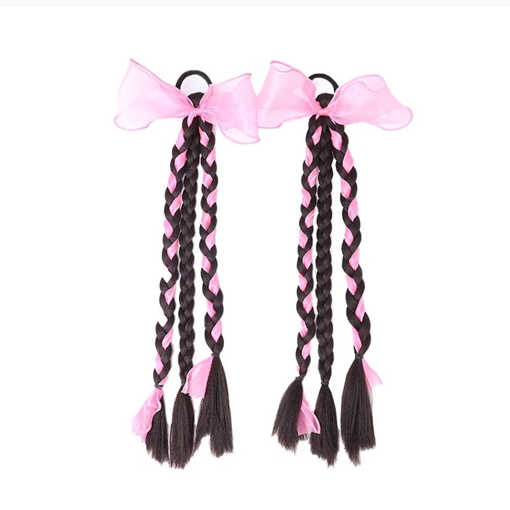 1PC Colorful Bow Wig Braids Hair Rings Ponytail Sweet Cool Twist Long Braids Hair Tie For Girls Women
