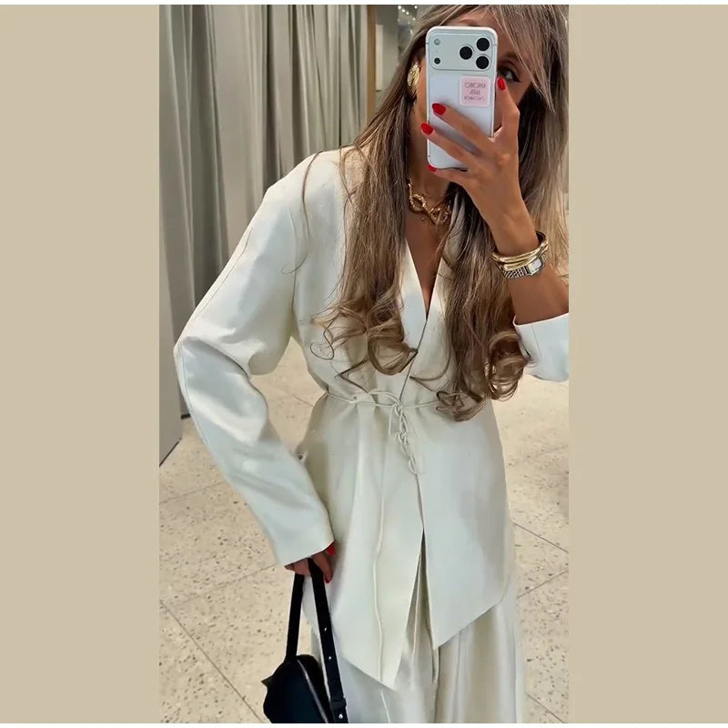 Elegant Stain Loose Jacket Pants Suit Women Solid Lace Up Full Sleeve V-neck Jackets Wide Leg Trousers Fashion Street Sets Lady