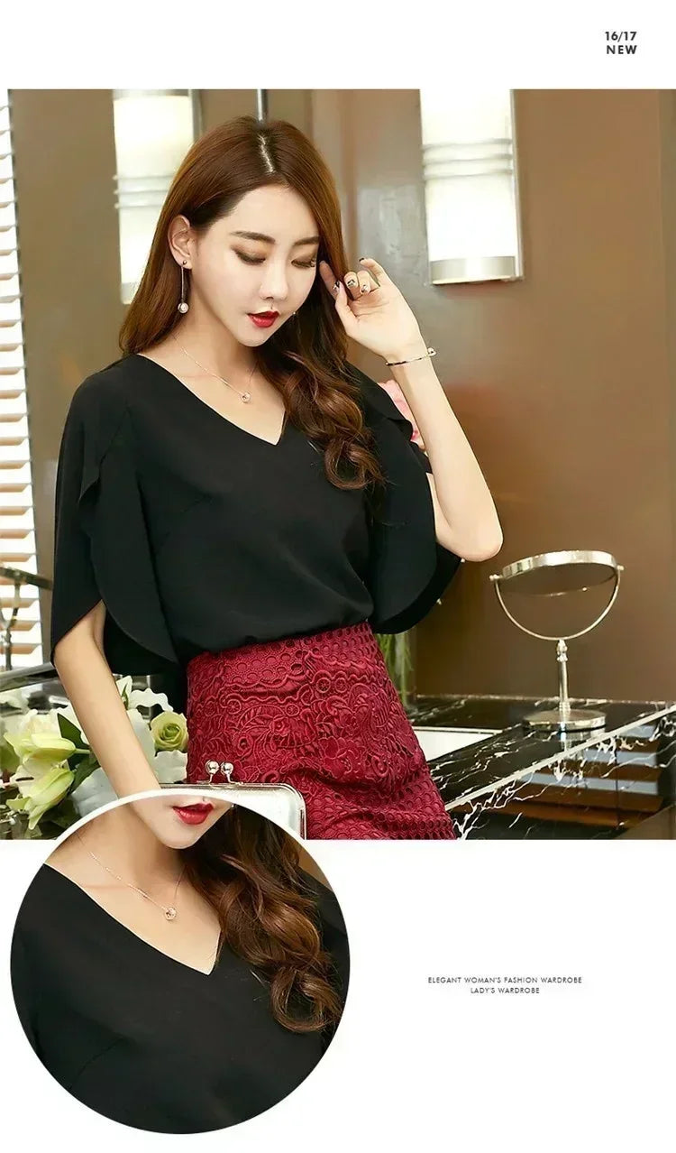 Women Chiffon Short Sleeve Shirt Sexy V-neck Loose Ruffled Chiffon Blouse.