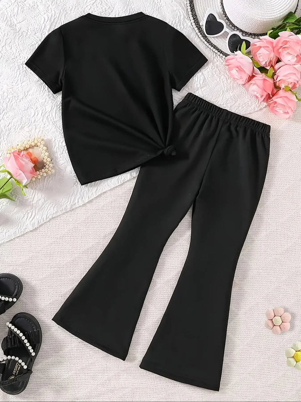 Children's Clothing Girls' Set 2026 New Style Flared Pants + Short-Sleeve Two-Piece Set for Three Girls, Cartoon Print Clothes, Quirky and Versatile, Suitable for Children Aged 4-12