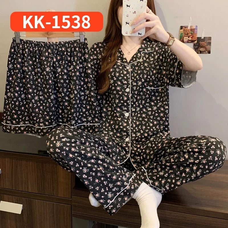Women's Printed Pajamas Homewear Short Sleeves Trousers Shorts Three-piece Set Spring and Autumn New Women's Clothing