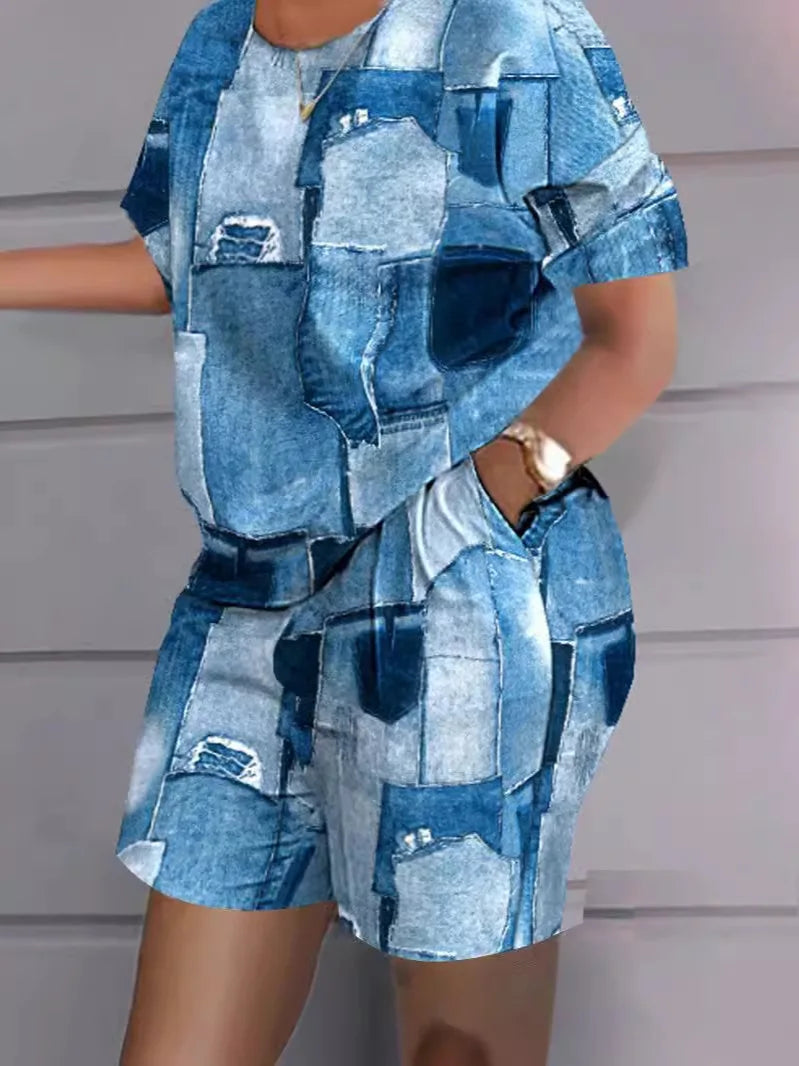 Women's Printed Wide Leg Pants & Short Sleeve Top Set