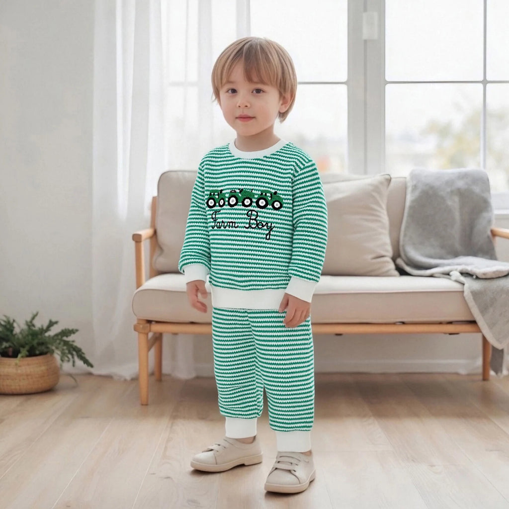 Baby Boy Truck Embroidery Striped Sweatshirt & Joggers Set
