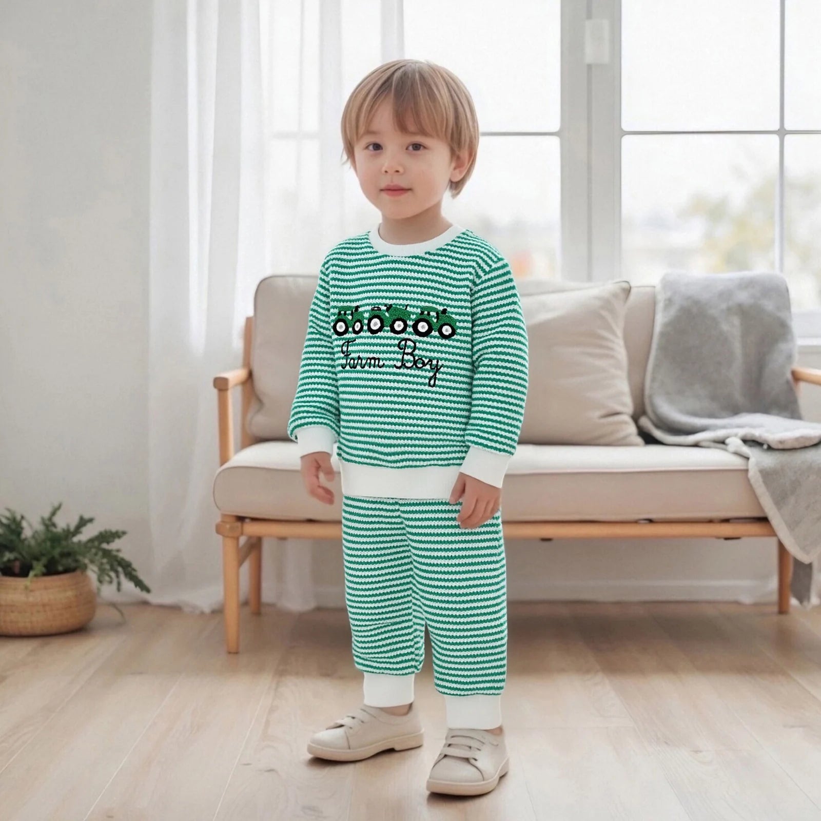 Baby Boy Truck Embroidery Striped Sweatshirt & Joggers Set