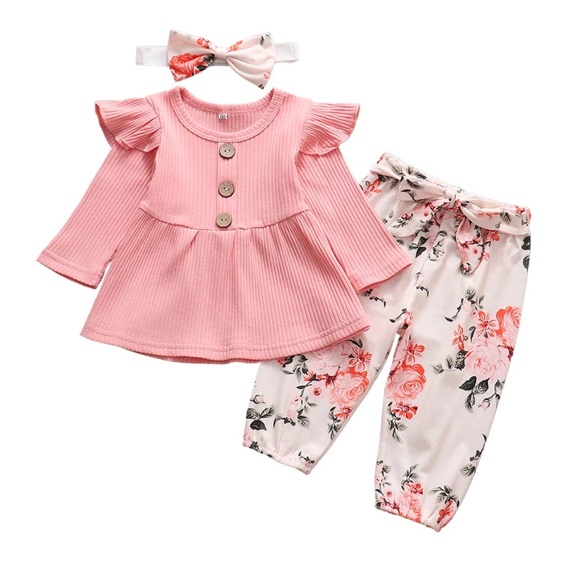 Newborn Baby Girl 3-Piece Knit Top, Floral Pants & Headband Set