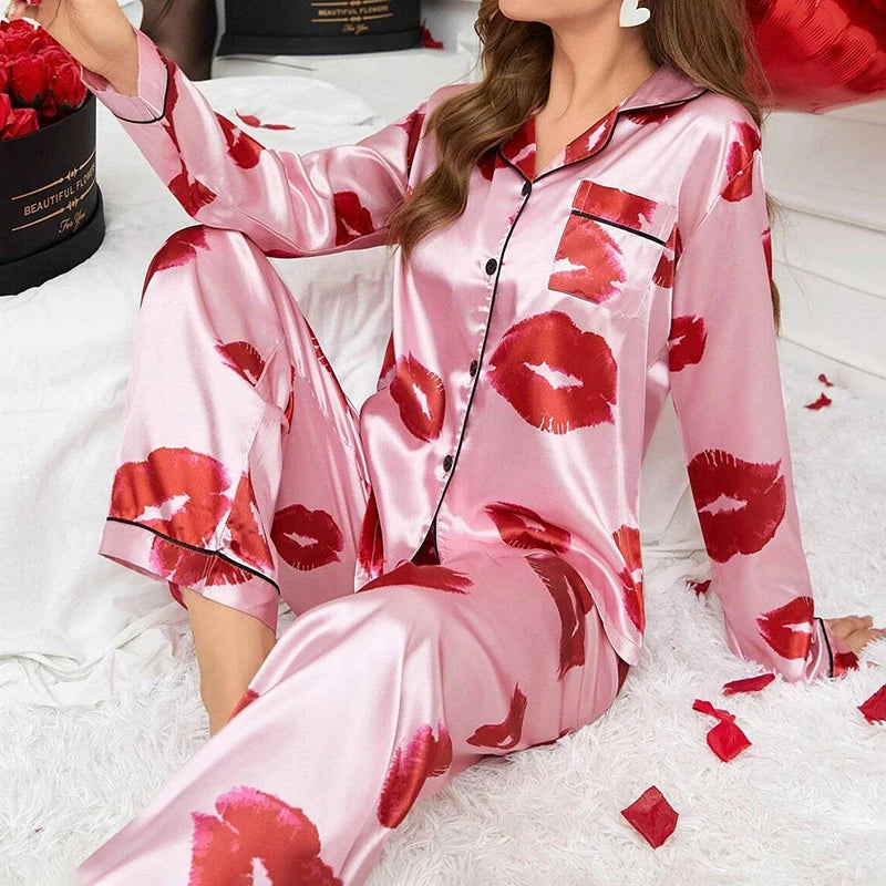 Women’s Satin Print Long Sleeve Button-Up Pajama Set – Full-Length Pants, 11 Colors, Sizes S–1XL