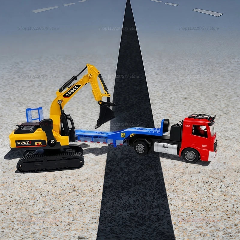 Large Flatbed Semi Truck Toy for Kids With Excavator 2-in-1 Alloy Engineer Vehicle 2.4G RC Car Toy for 2-5 Year Old Boy and Girl