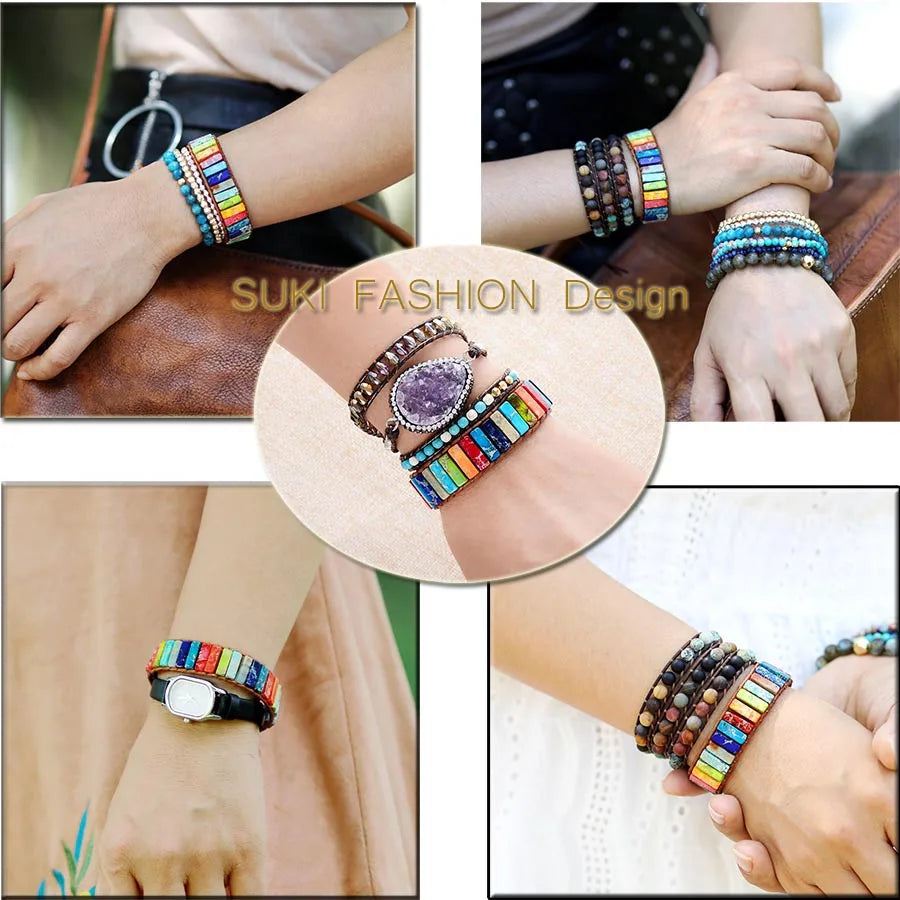 Chakra Bracelet Jewelry Handmade Multi Color Natural Stone Tube Beads Leather Wrap Bracelet Couples Bracelets Gifts