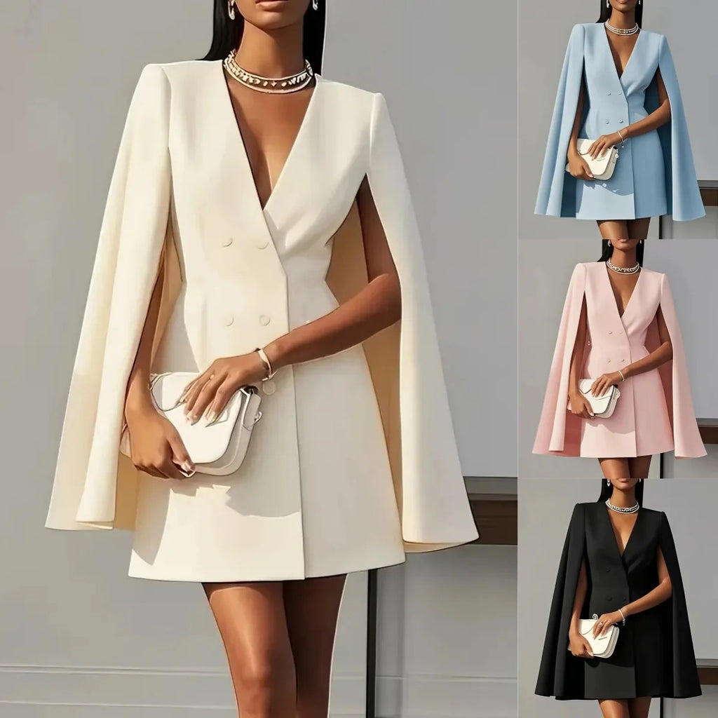 2025 Women Fashion Commuter Solid Blazers Dress Office Double Breasted Waist Party Dress Elegant V-neck Shawl Cape Sleeve Dress
