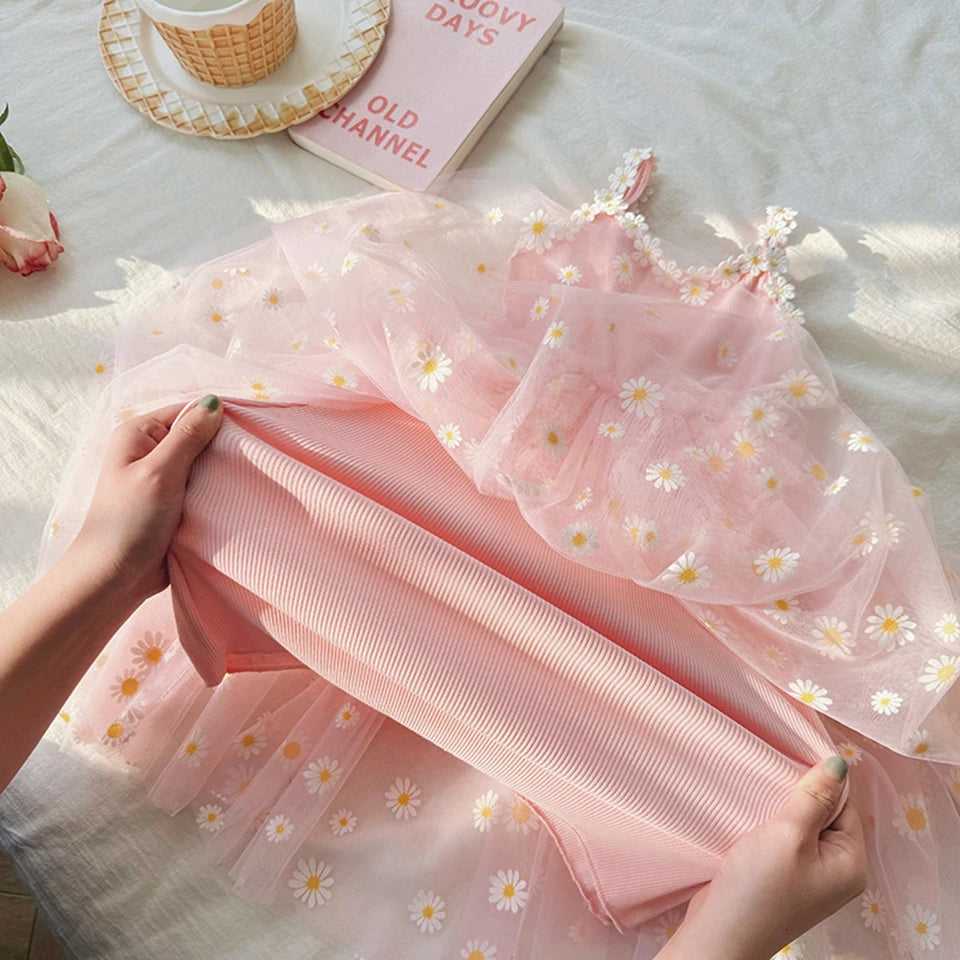 2026 Summer Girls Sling Dress Cute Daisy Print Tulle Skirt Casual Party Dress Kids Princess Dress with Lace Flower Trim 2-8Years