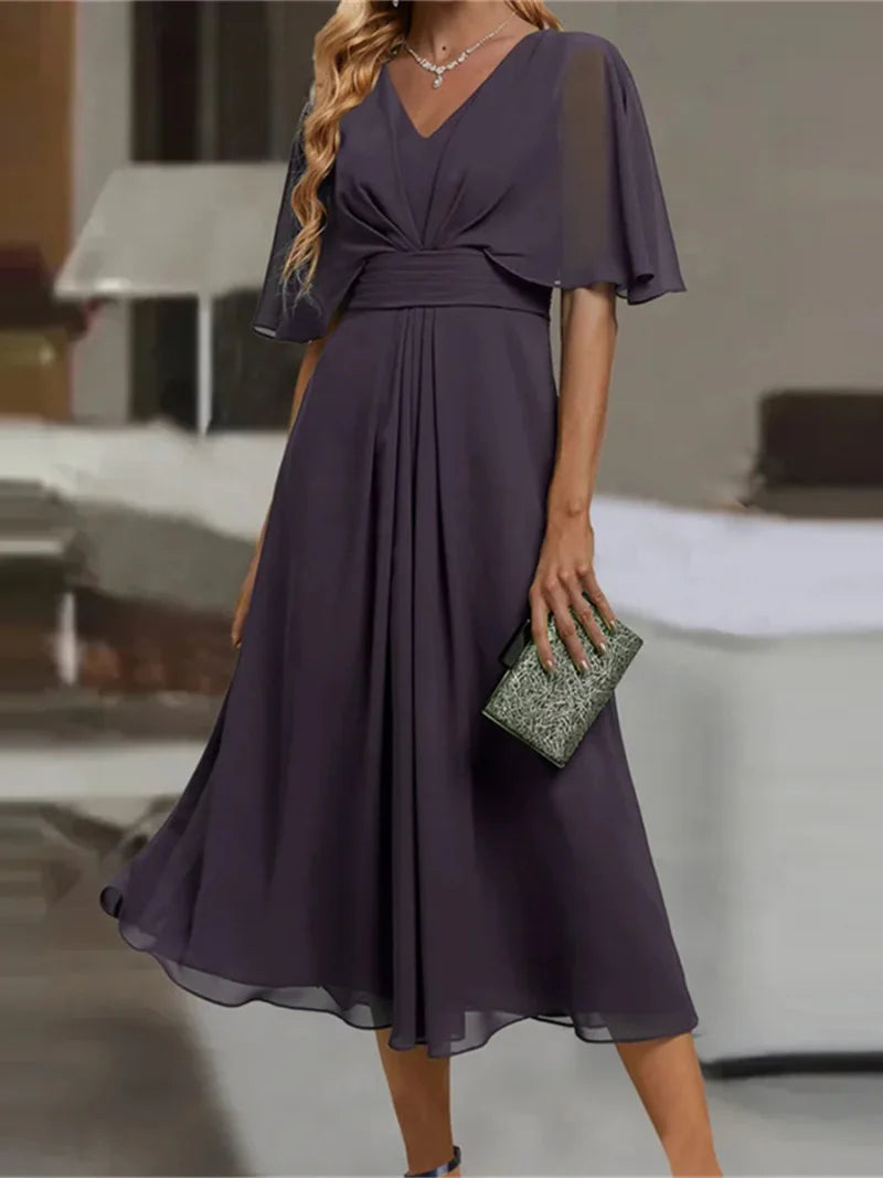 Women's V-Neck Ruffle Chiffon A-Line Maxi Dress