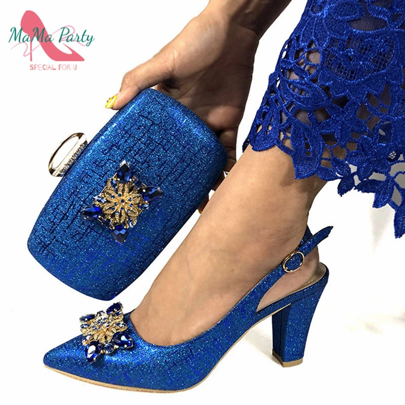 Fuchsia Color Italian Classics Design African Women Shoes and Bag Set High Quality with Shinning Crystal for Wedding Party