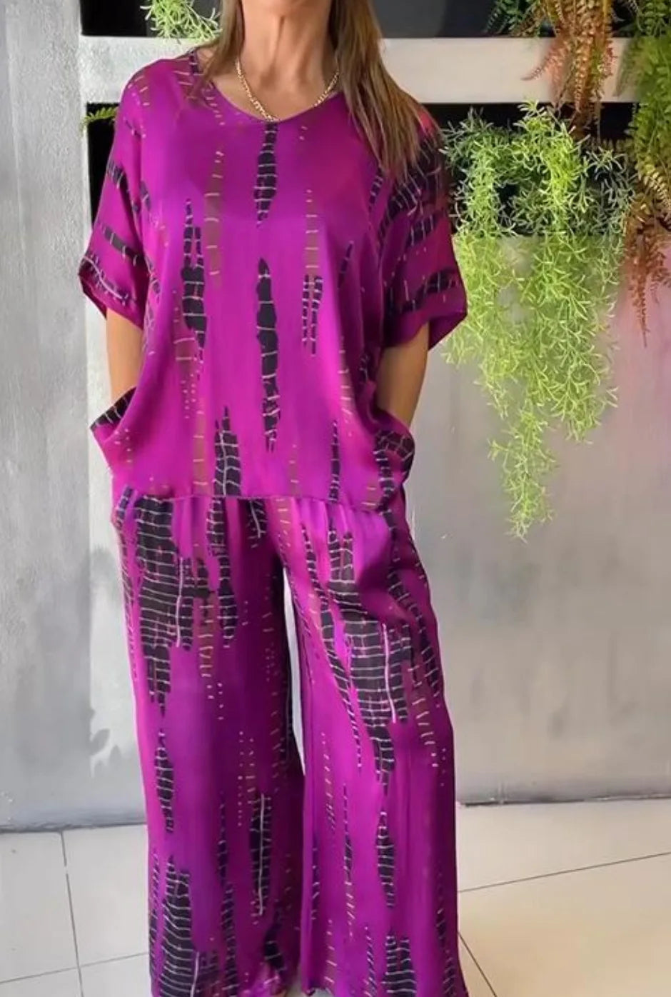 Summer Fashion T-shirt Pants Set Women Geometric Print Short Sleeved Tops Loose Wide Leg Pants Elegant Lady Set Clothing