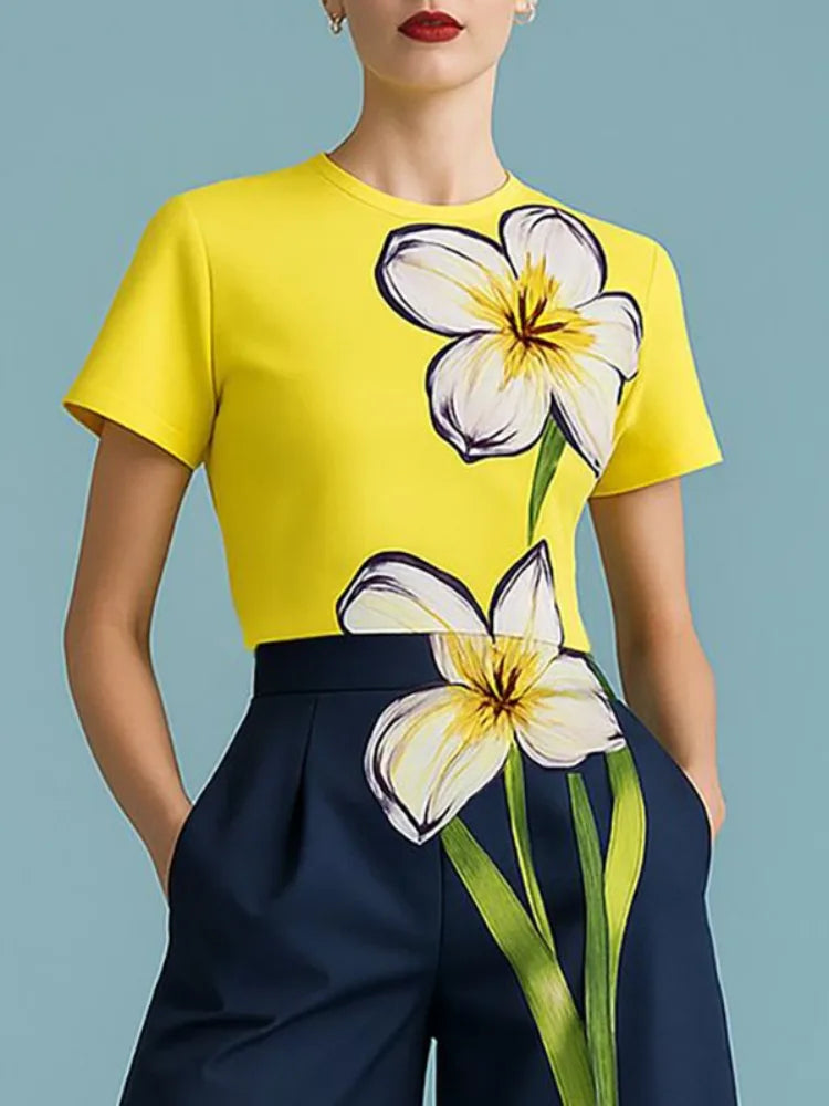 Women's Floral Print Short Sleeve Slim-Fit T-Shirt