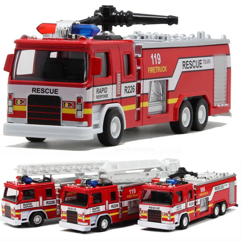 1:32 Fire Truck Model Toy Car Alloy Body Rubber Tire Music Light Pull Back Climbing Water Tank 119 Vehicles Models Toys Gifts