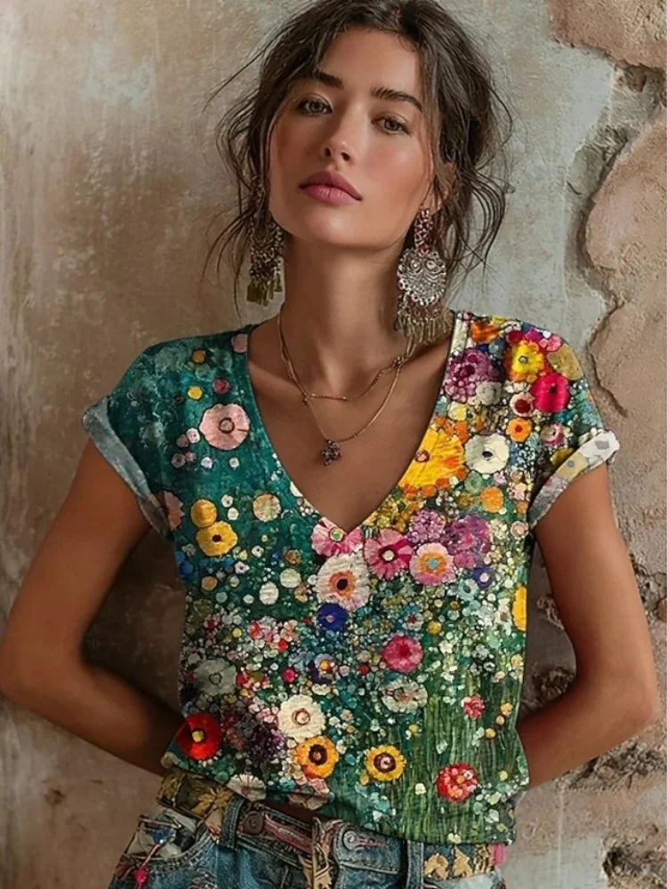 Women's Tops Women's Floral T-Shirt Summer Short Sleeve Casual Loose Vintage Streetwear Fashion Clothes for Woman