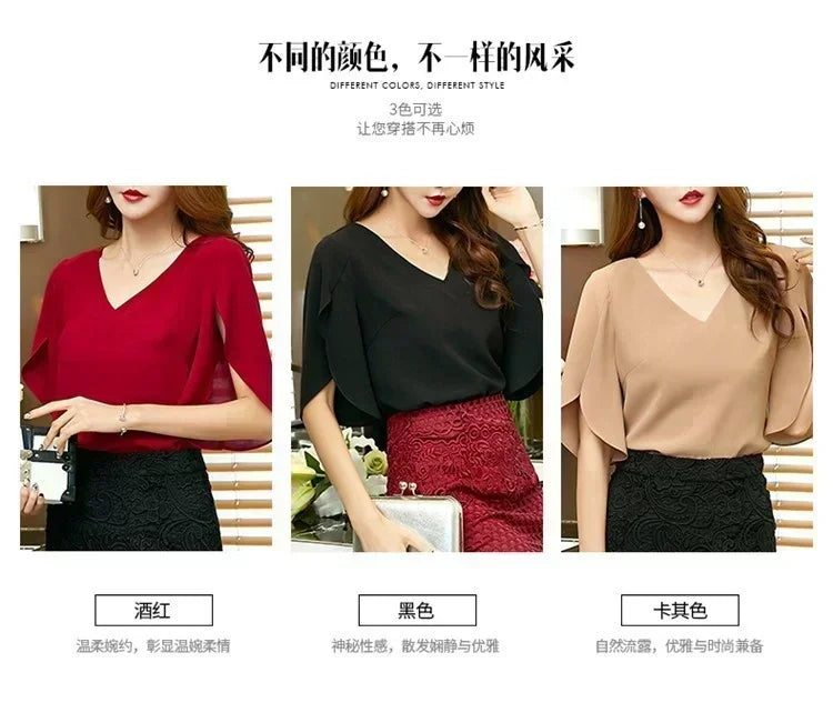 Women Chiffon Short Sleeve Shirt Sexy V-neck Loose Ruffled Chiffon Blouse.