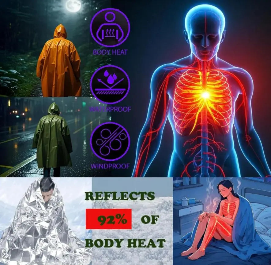 4X Survival Gear kit, Emergency Poncho (2pc), Emergency Space Blanket (2pc), Mylar Liner - Retains 92% Body Heat
