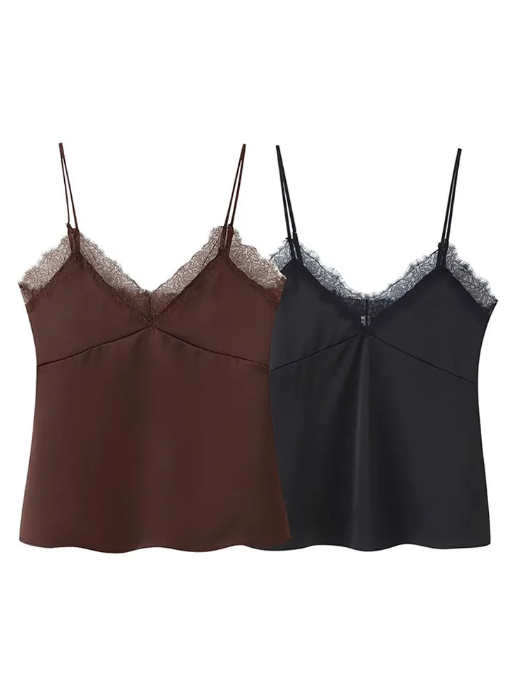 HH 2026 New Fashion Woman Lace Trim Sling Sleeveless V Collar Backless Mini Top Female Slim Fit Thin And Light Sexy Top