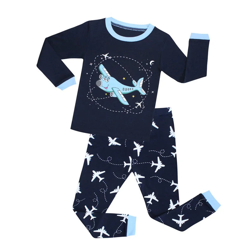 Kids Cartoon Airplane & Motorcycle Cotton Pajama Set – Long Sleeve Sleepwear for Girls 2T–7T